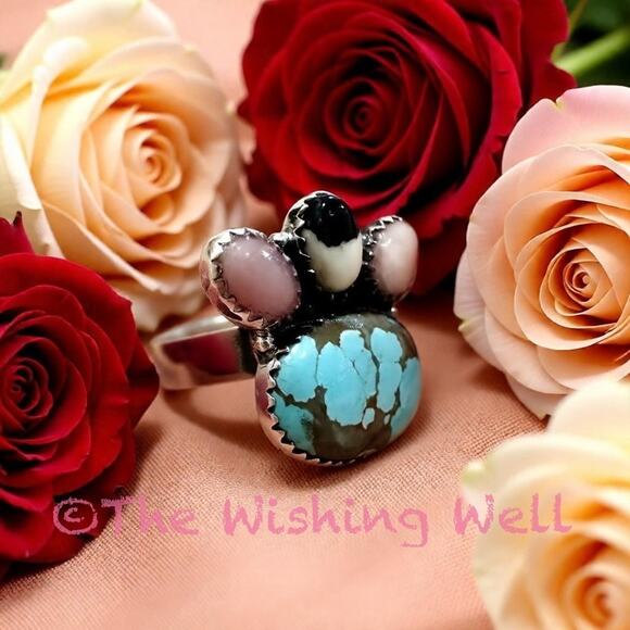 Golden Hills Turquoise, Pink Conch Adjustable Ring, Genuine  Golden Hills Turquoise |Pink Opal Statement Ring Sterling 925 | Boho   Size 5-10
